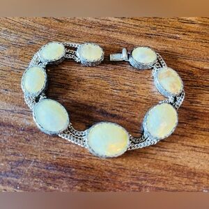 Vintage Monet Silver and Cream Opalescent Bracelet -Signed